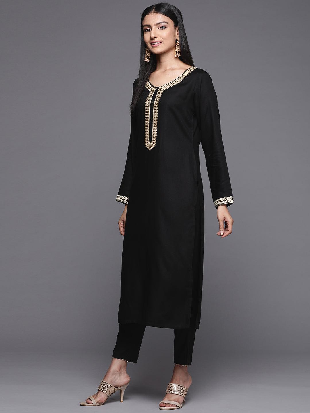 Black Embroidered Pashmina Wool Straight Kurta