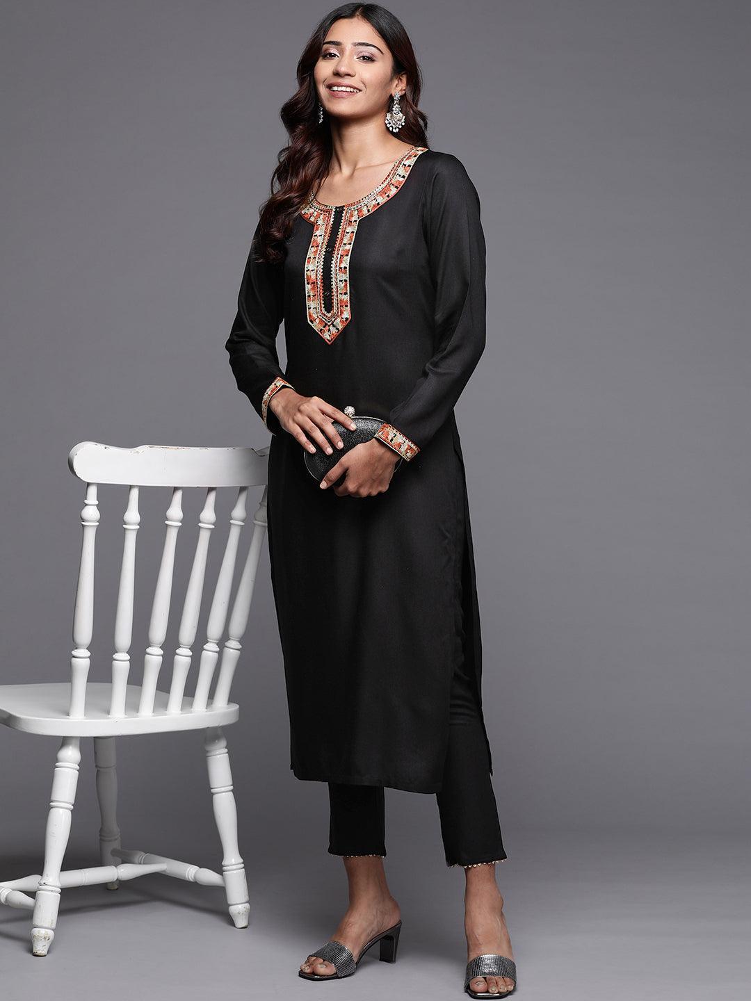 Black Embroidered Pashmina Wool Straight Kurta - Libas