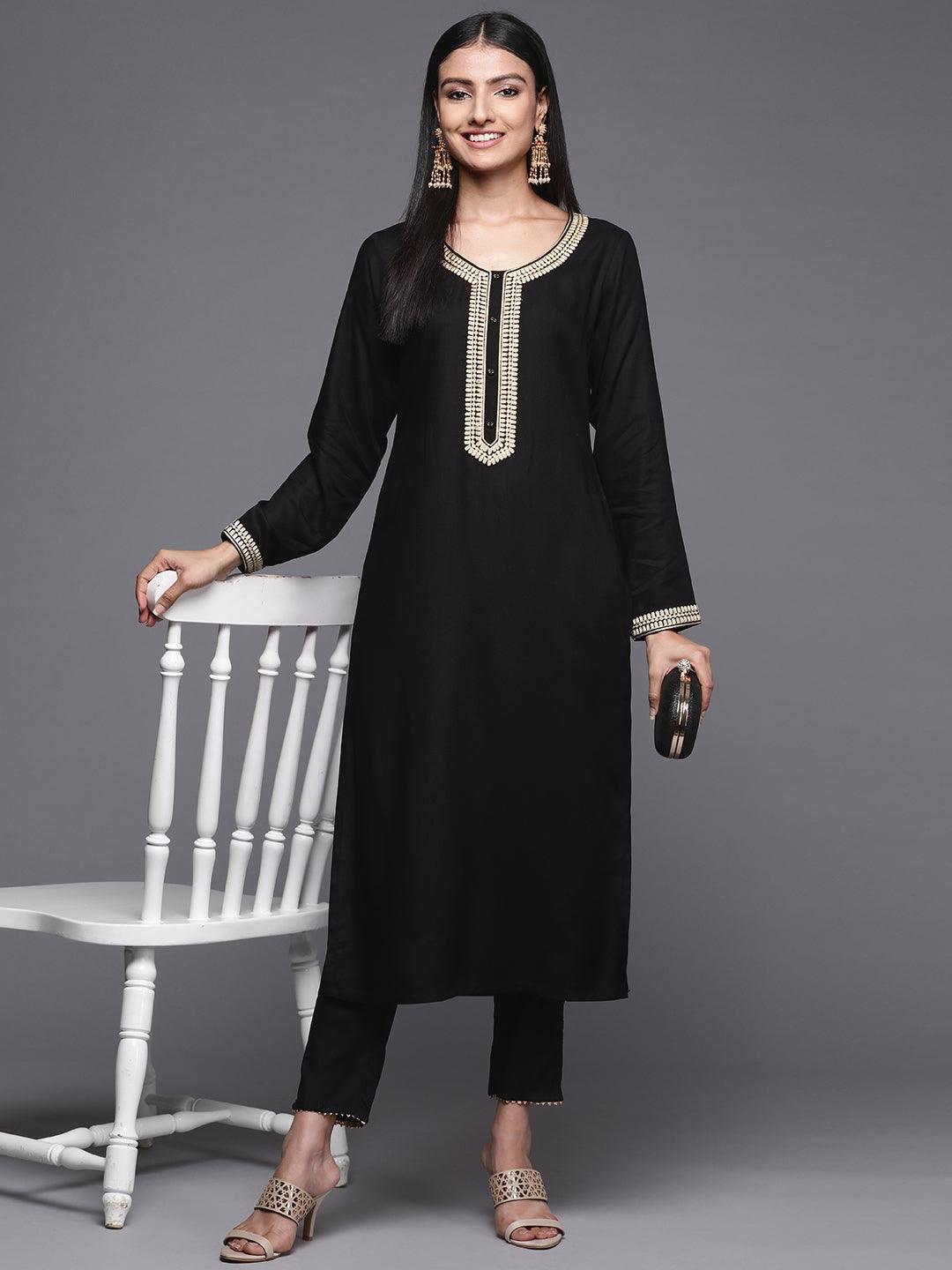 Black Embroidered Pashmina Wool Straight Kurta