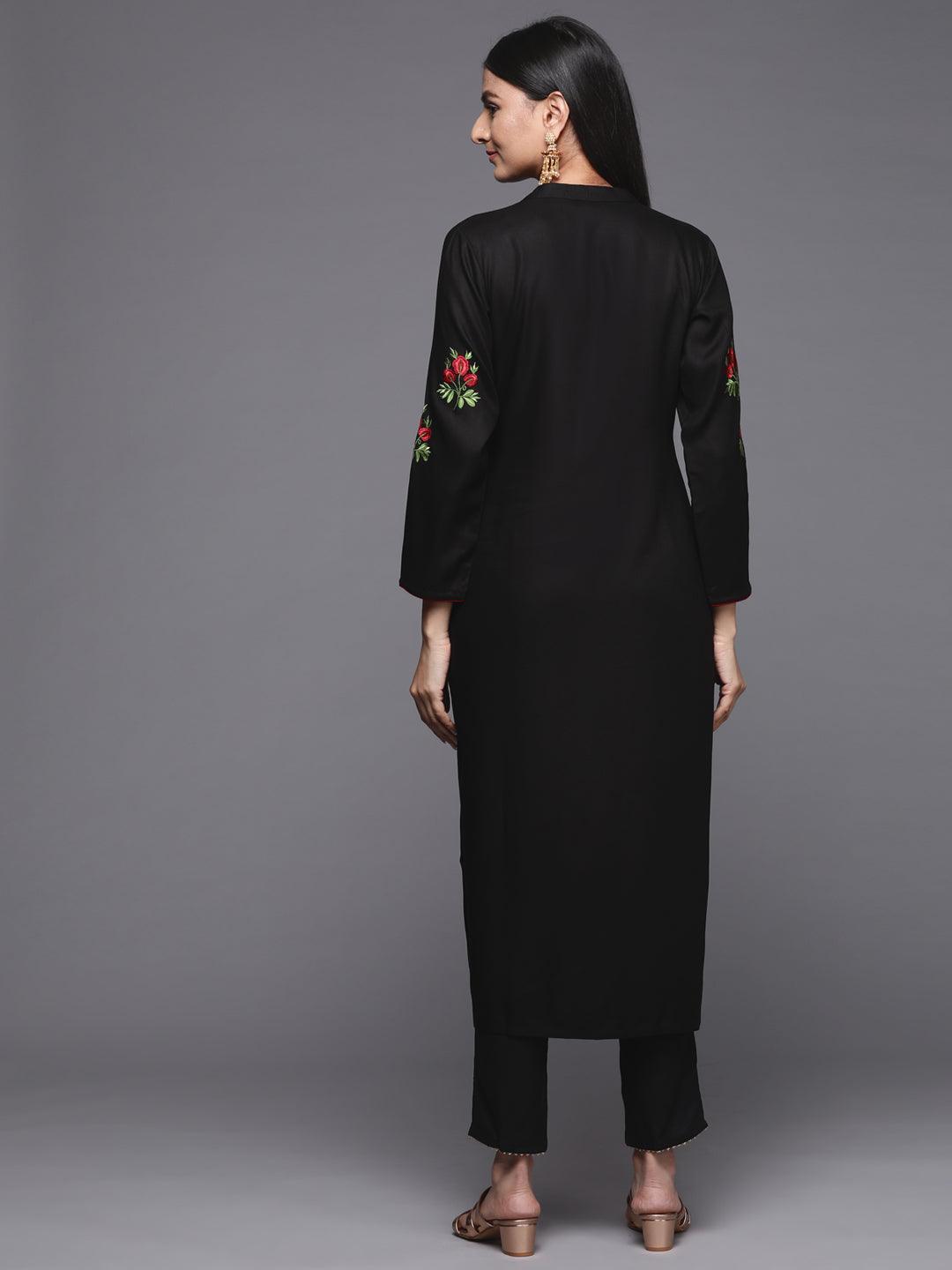 Black Embroidered Pashmina Wool Straight Kurta