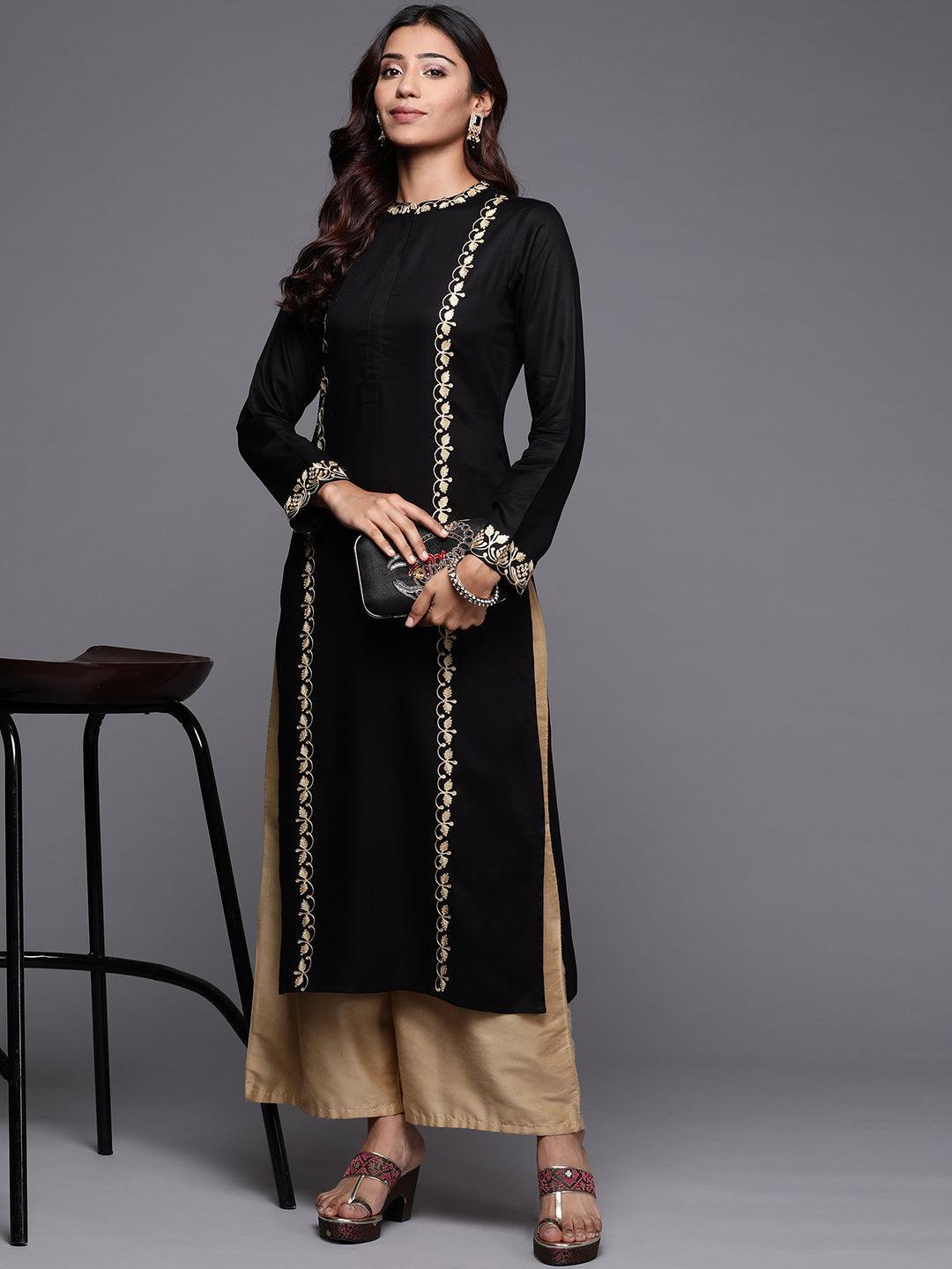 Black Embroidered Pashmina Wool Straight Kurta