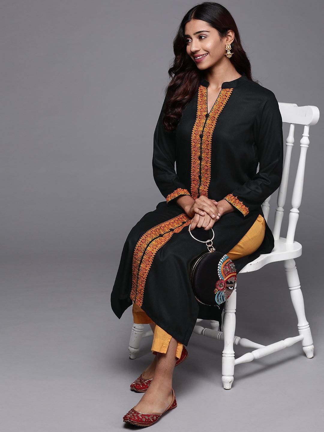 Black Embroidered Pashmina Wool Straight Kurta