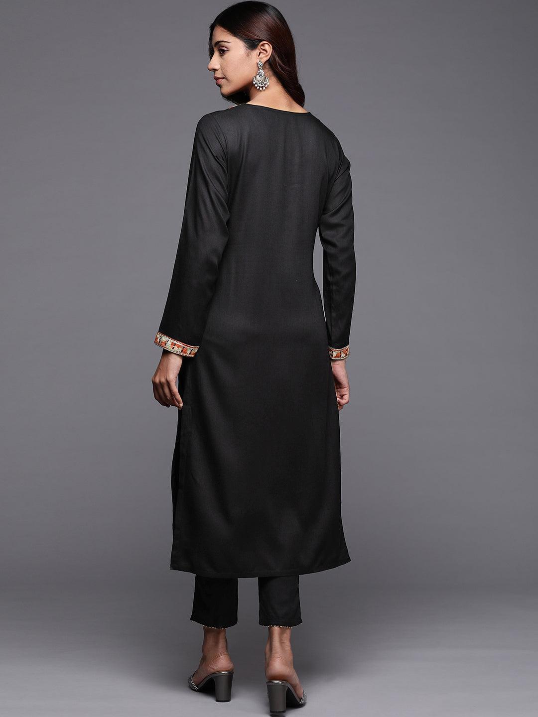 Black Embroidered Pashmina Wool Straight Kurta