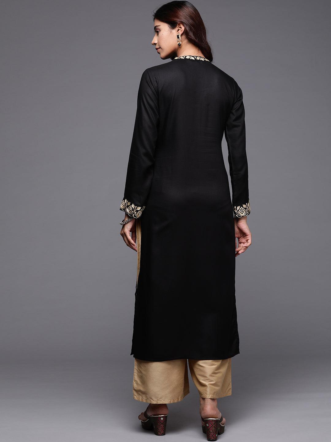 Black Embroidered Pashmina Wool Straight Kurta