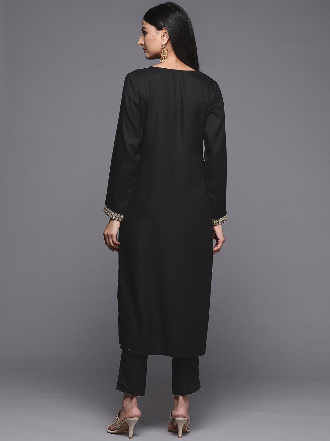 Black Embroidered Pashmina Wool Straight Kurta