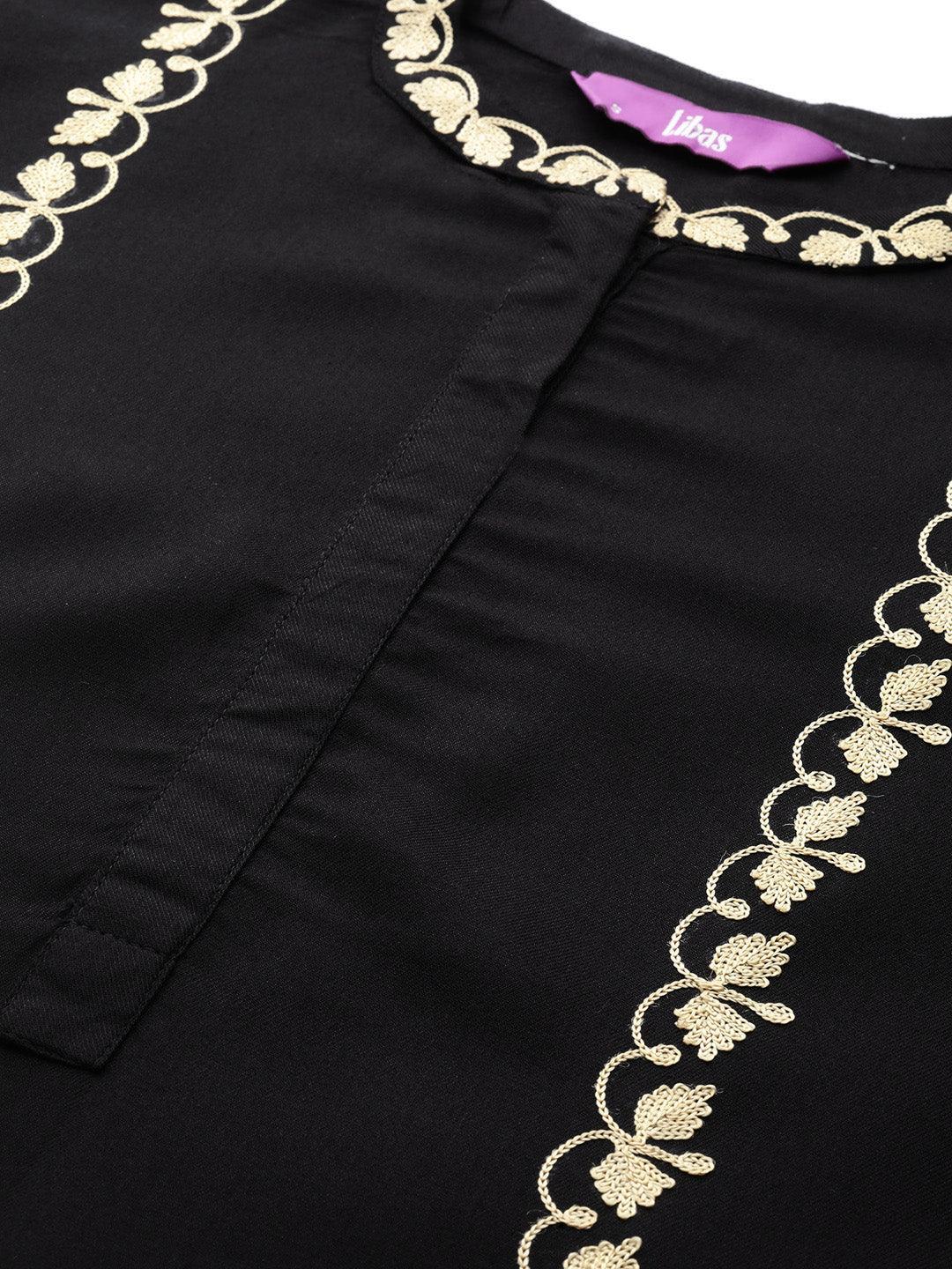 Black Embroidered Pashmina Wool Straight Kurta