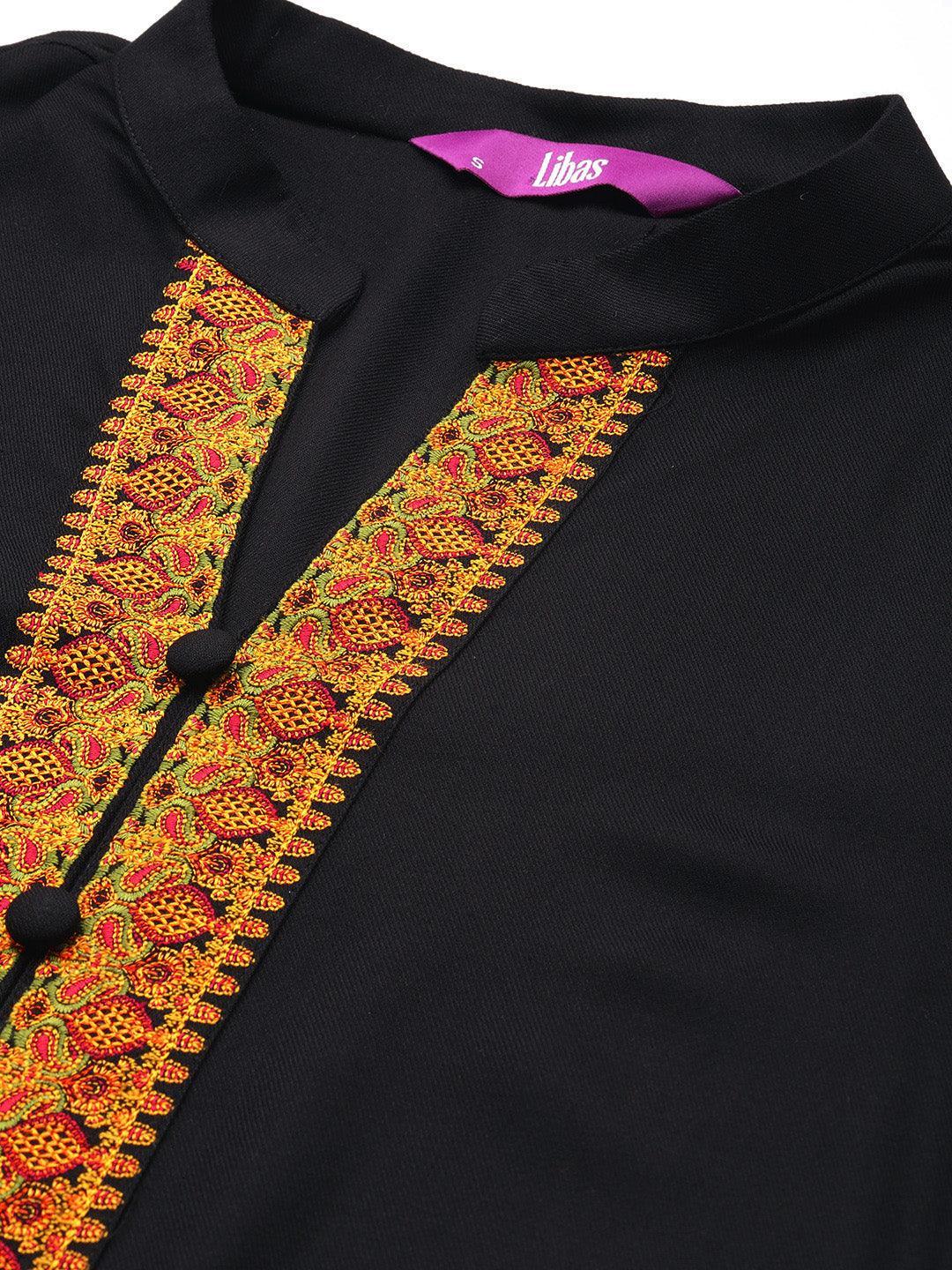 Black Embroidered Pashmina Wool Straight Kurta