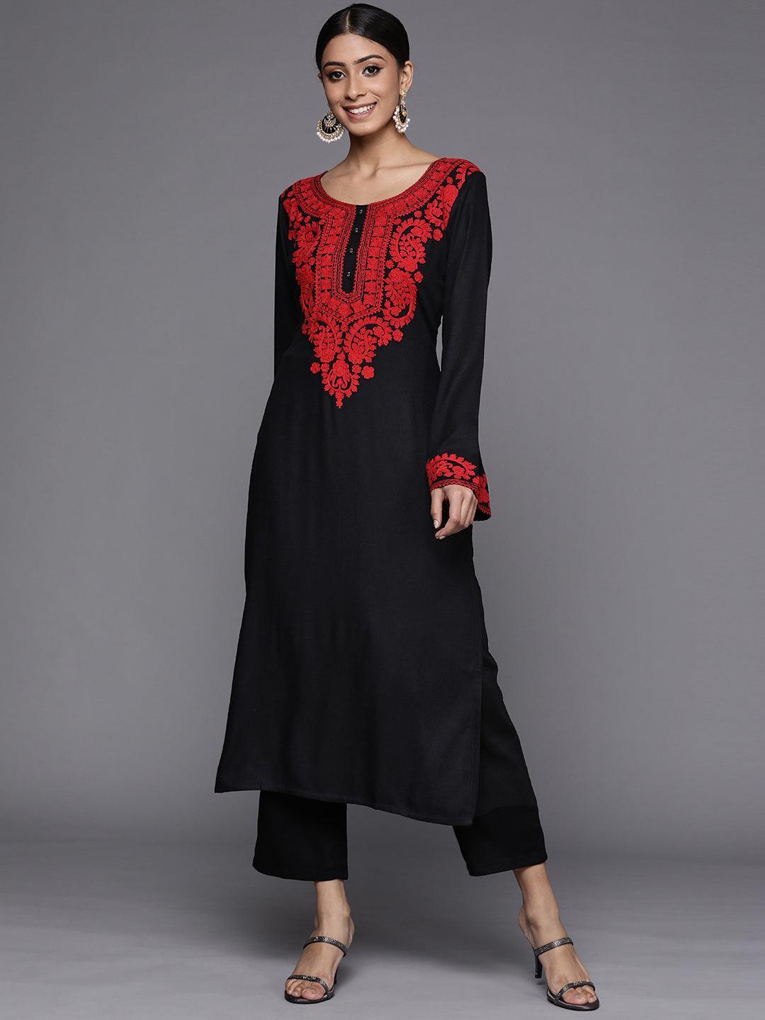 Black Embroidered Rayon Kurta