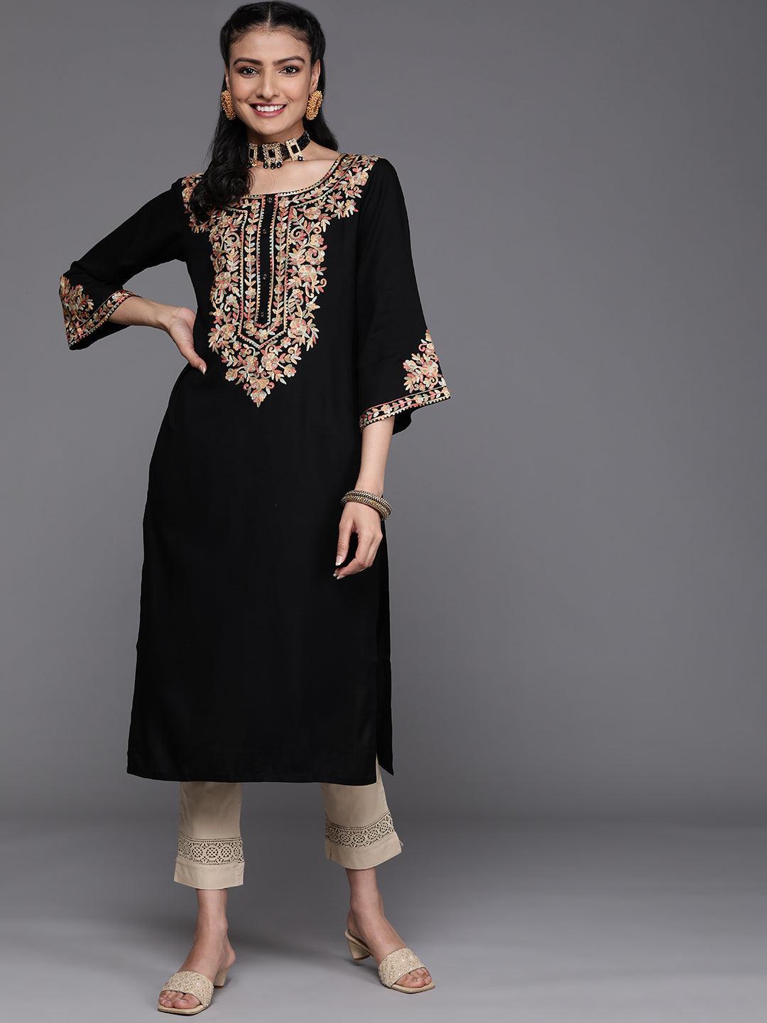 Black Embroidered Rayon Kurta