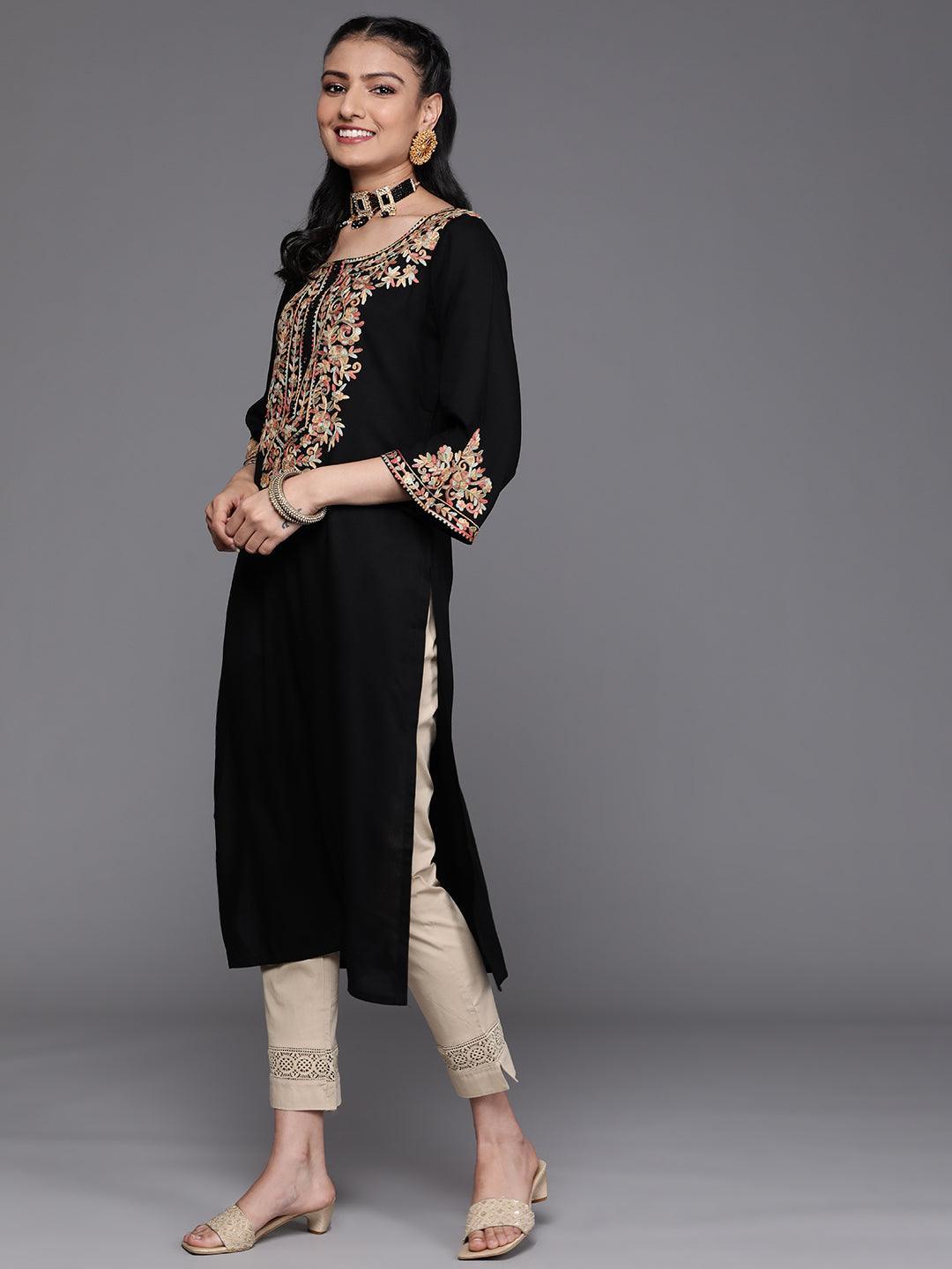 Black Embroidered Rayon Kurta