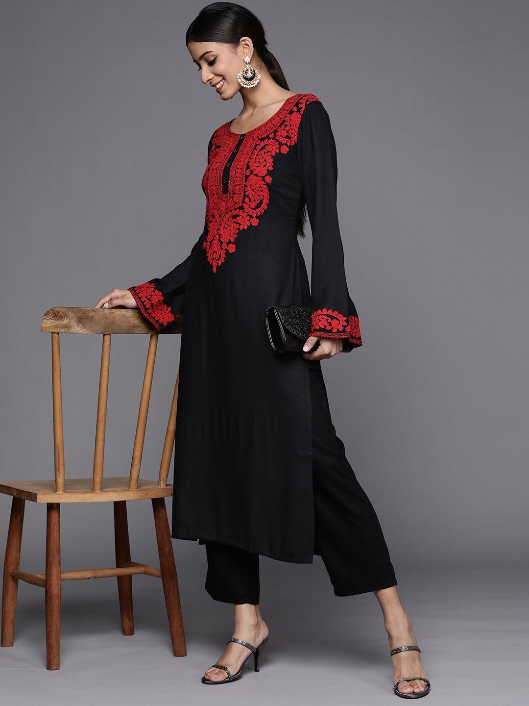 Black Embroidered Rayon Kurta