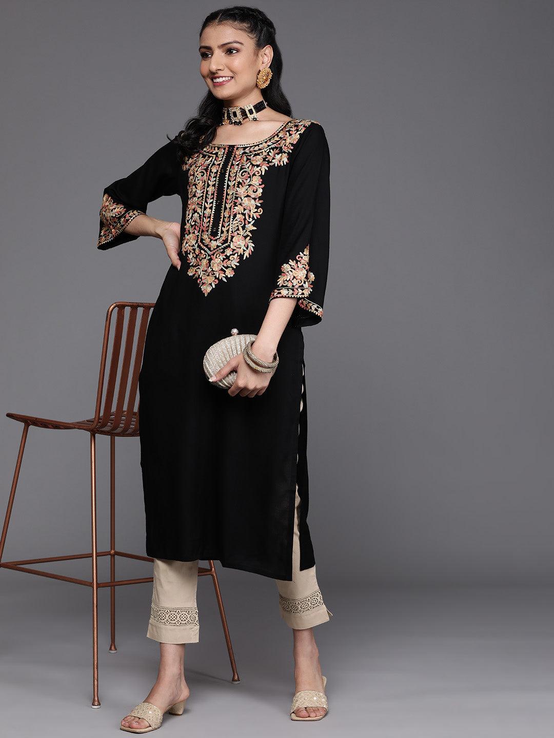 Black Embroidered Rayon Kurta