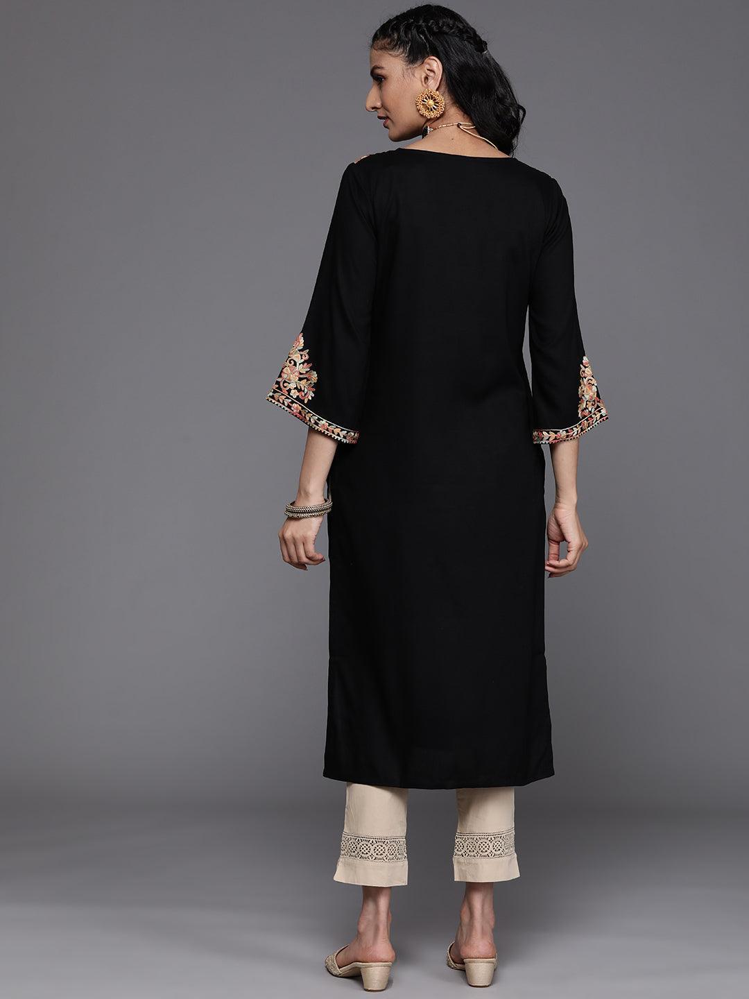 Black Embroidered Rayon Kurta