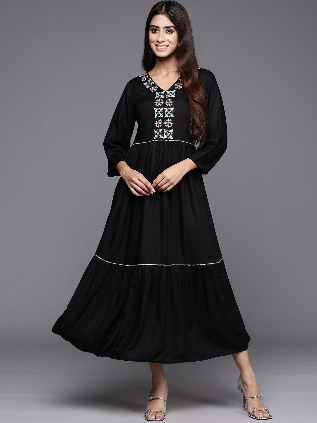 Black Embroidered Rayon Maxi Dress - Libas