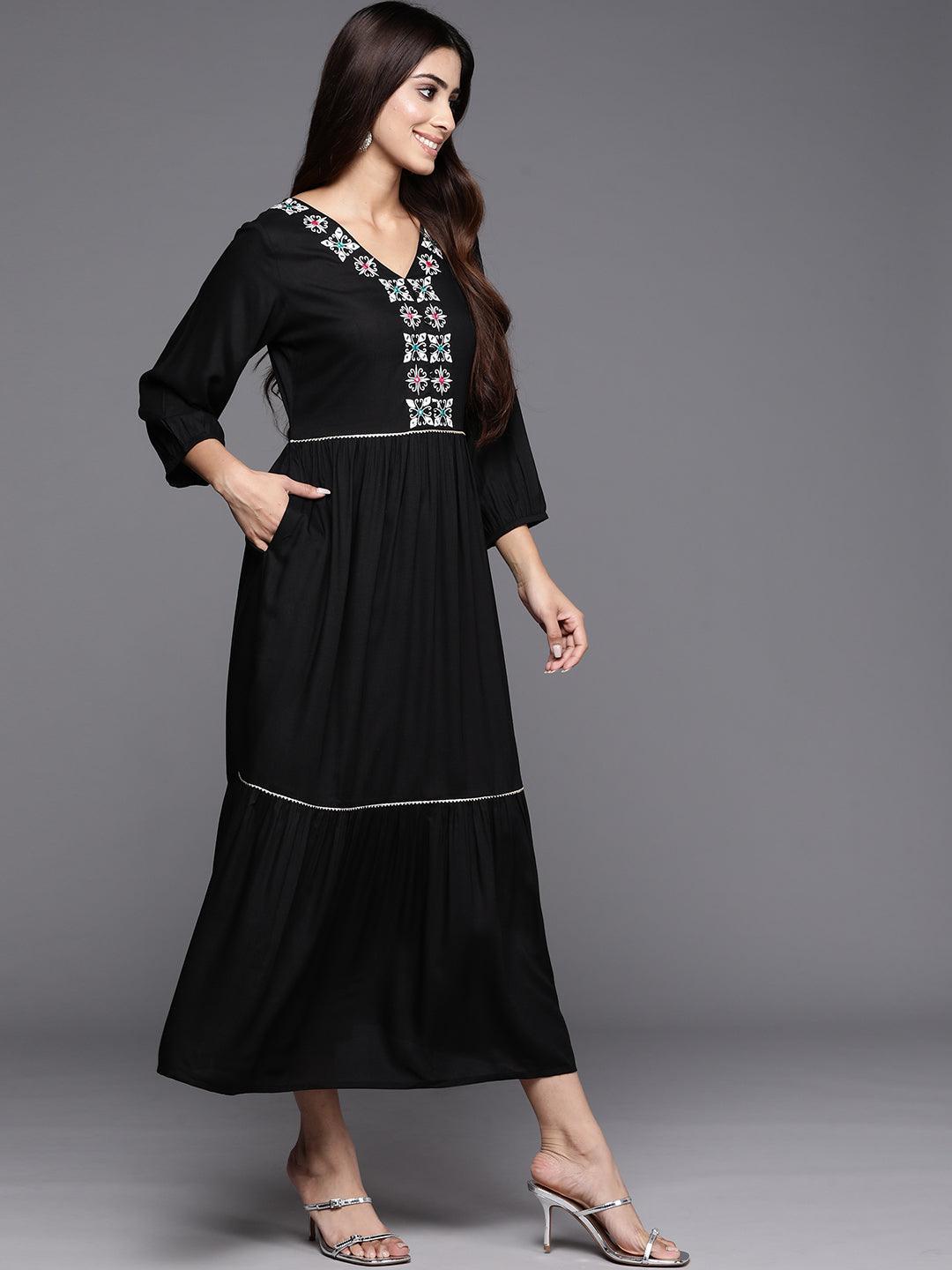 Black Embroidered Rayon Maxi Dress - Libas