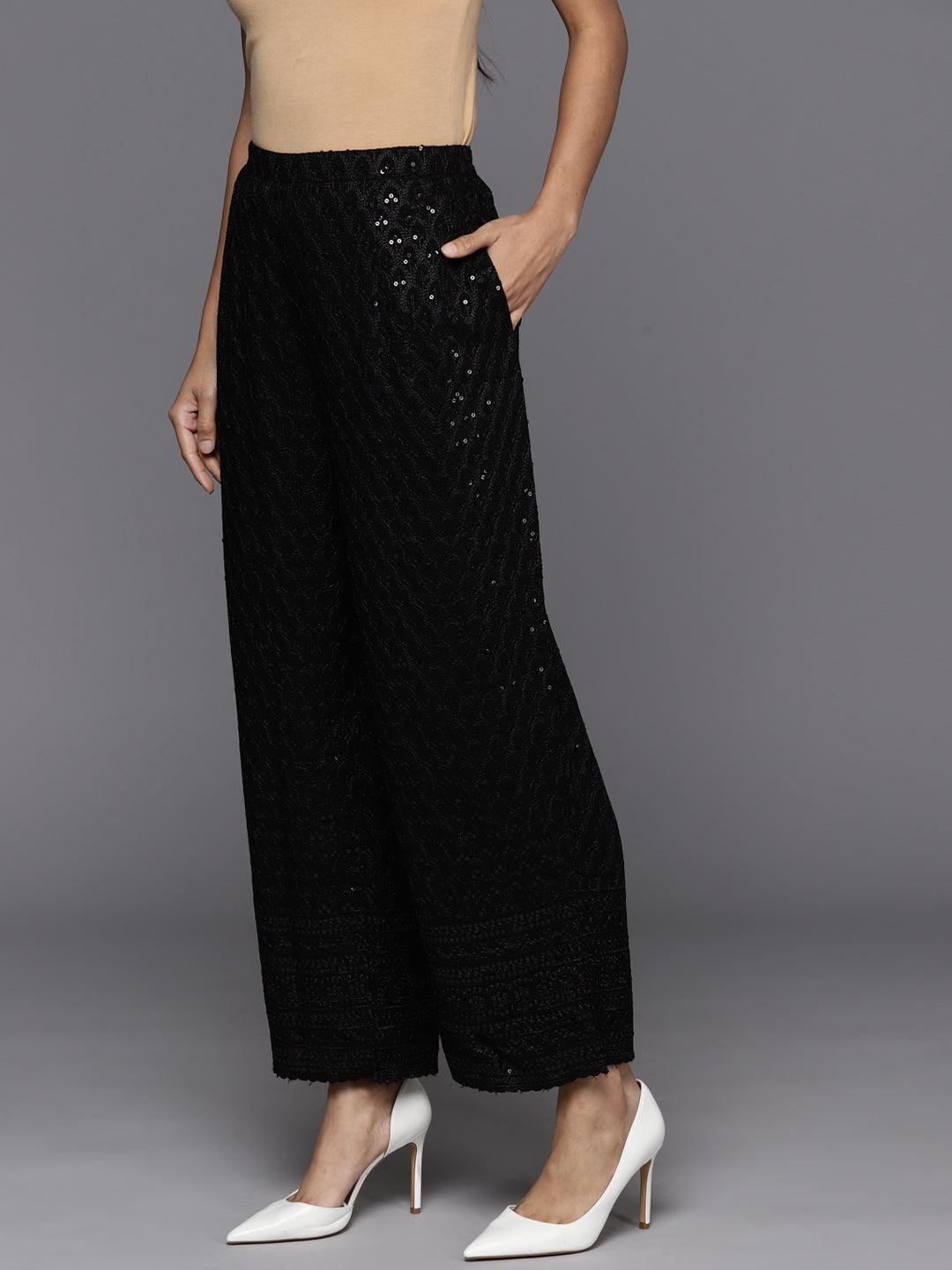 Black Embroidered Rayon Trousers