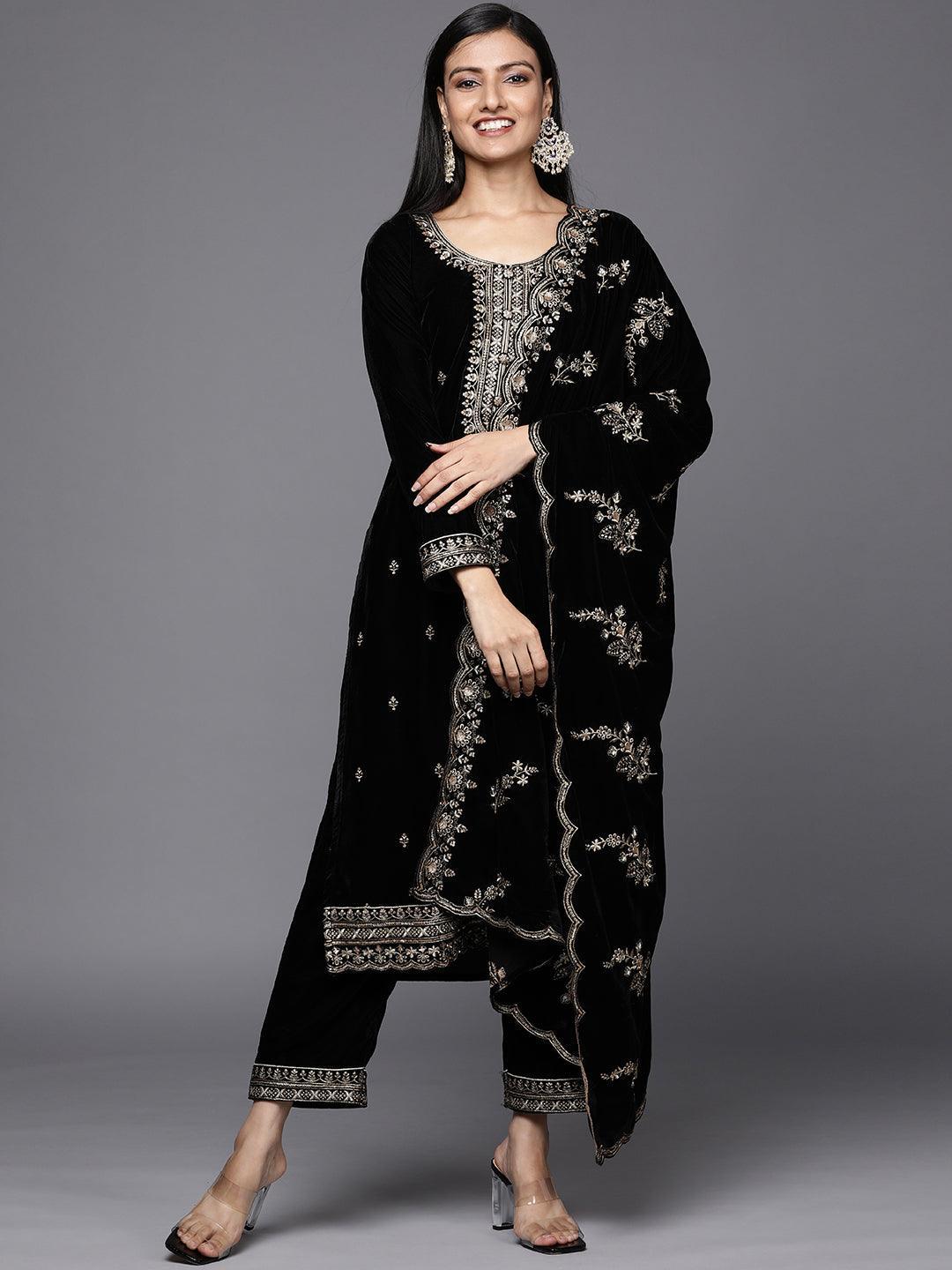 Black Embroidered Velvet Straight Suit Set