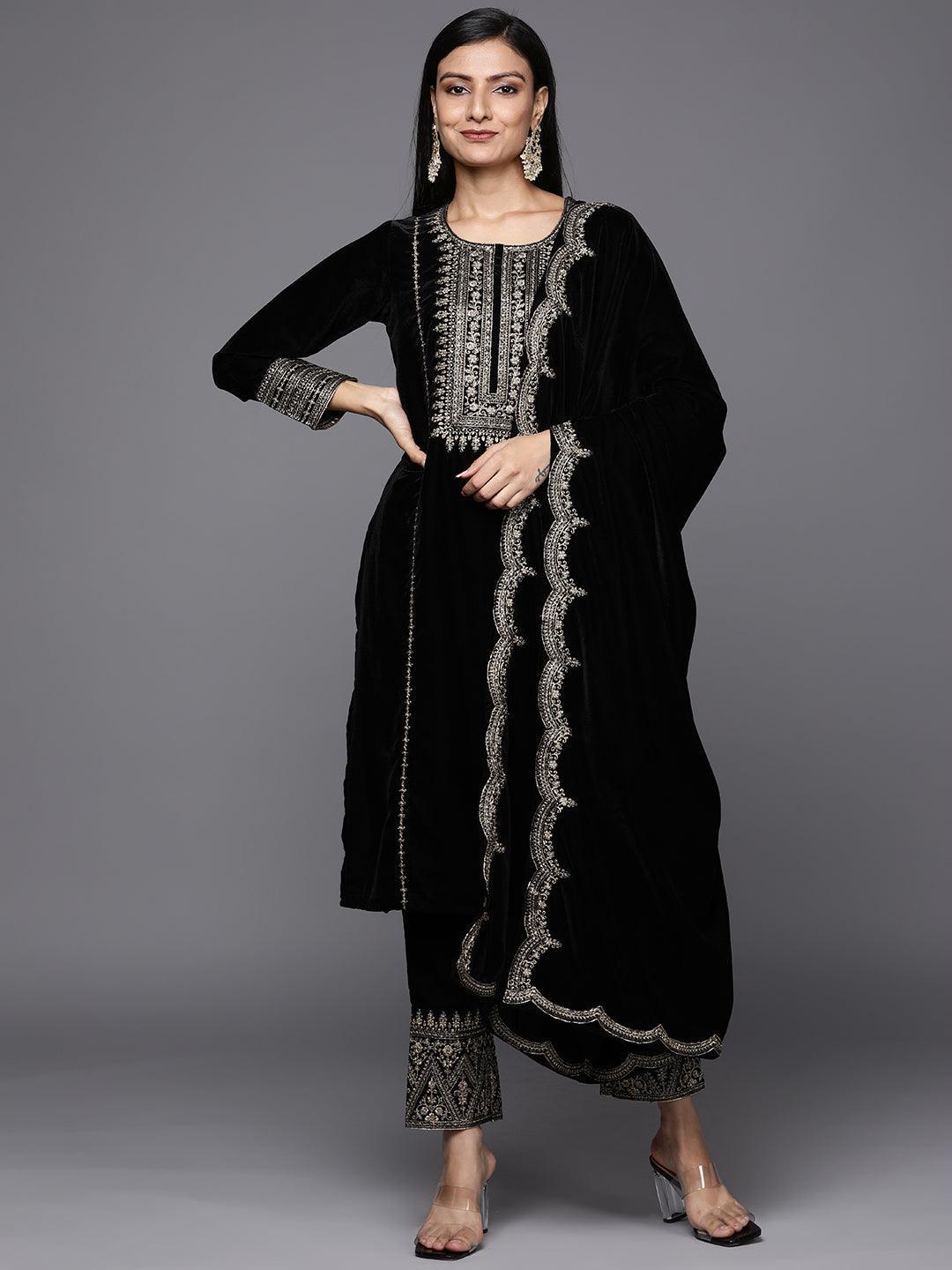 Black Embroidered Velvet Straight Suit Set