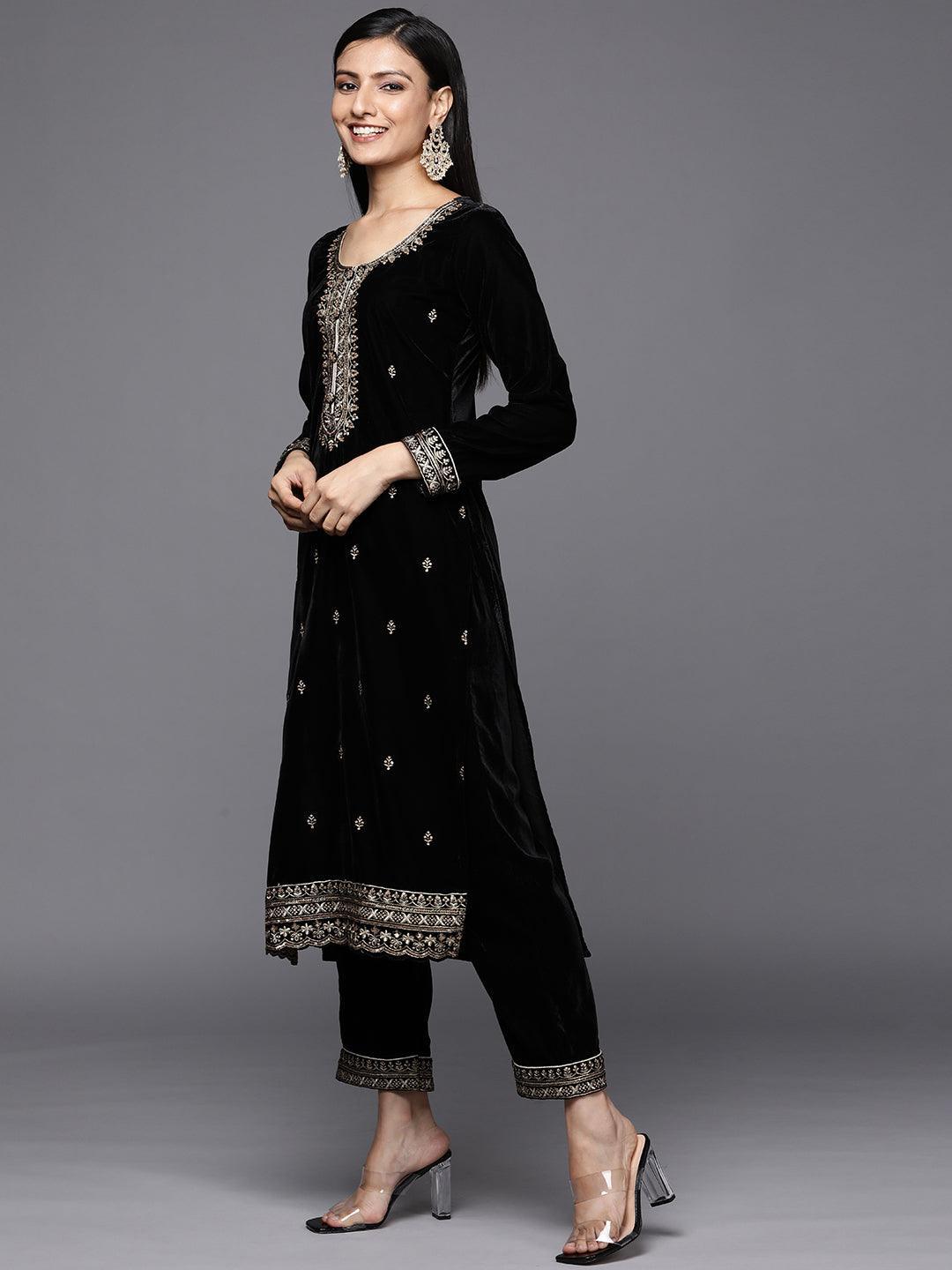 Black Embroidered Velvet Straight Suit Set