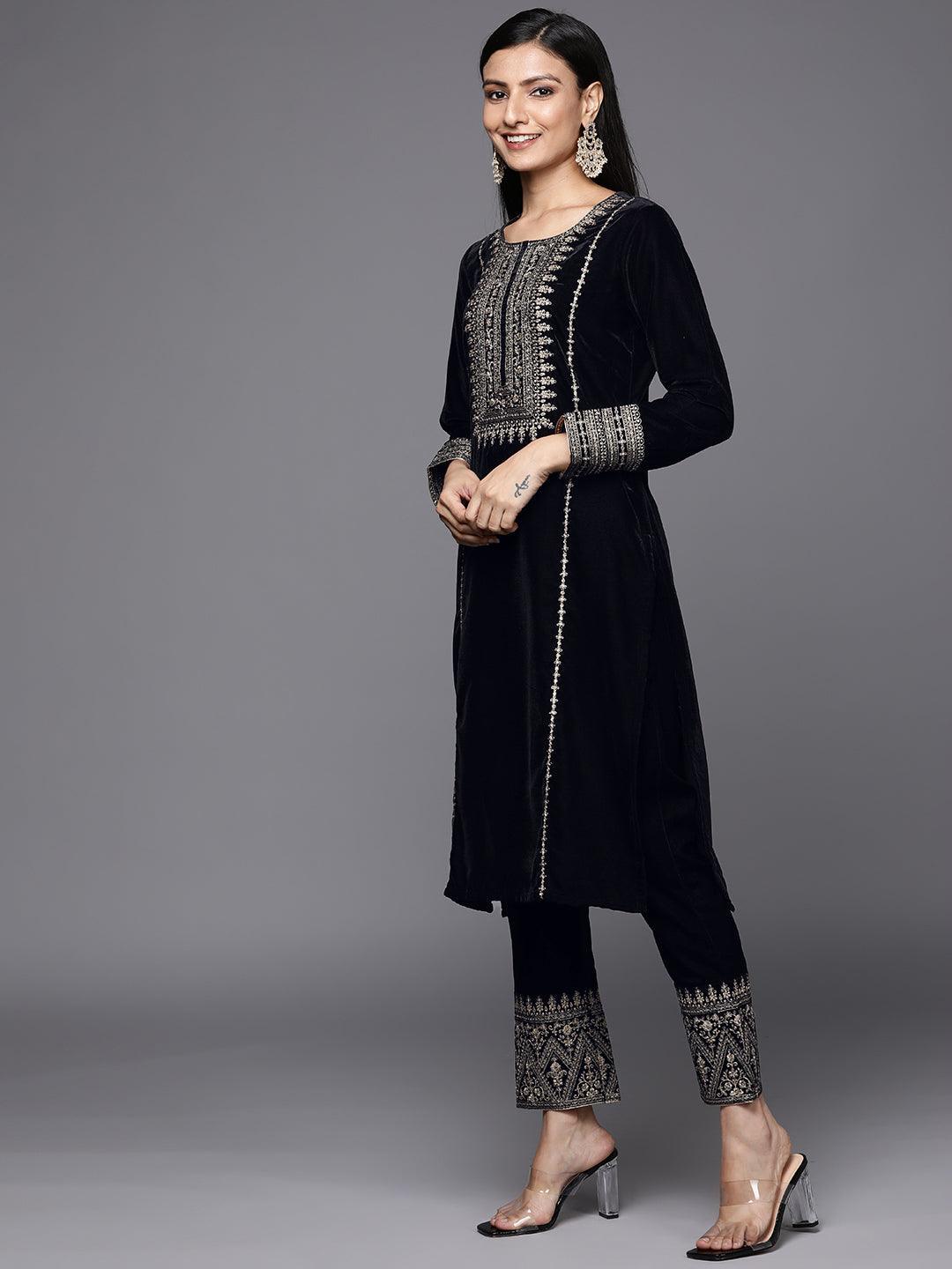 Black Embroidered Velvet Straight Suit Set