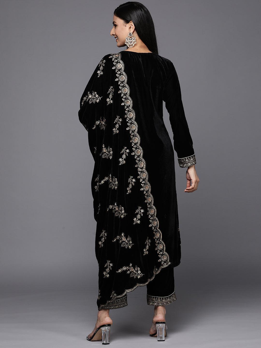 Black Embroidered Velvet Straight Suit Set - ShopLibas