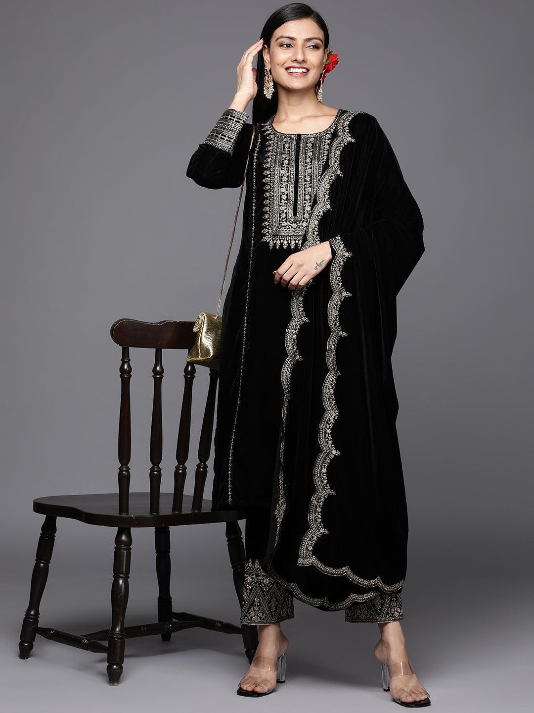 Black Embroidered Velvet Straight Suit Set