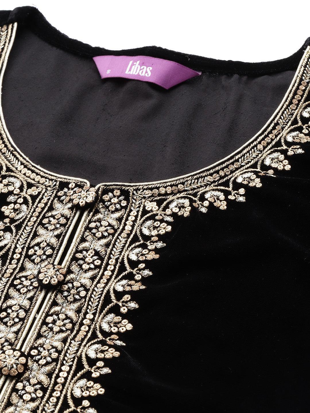 Black Embroidered Velvet Straight Suit Set