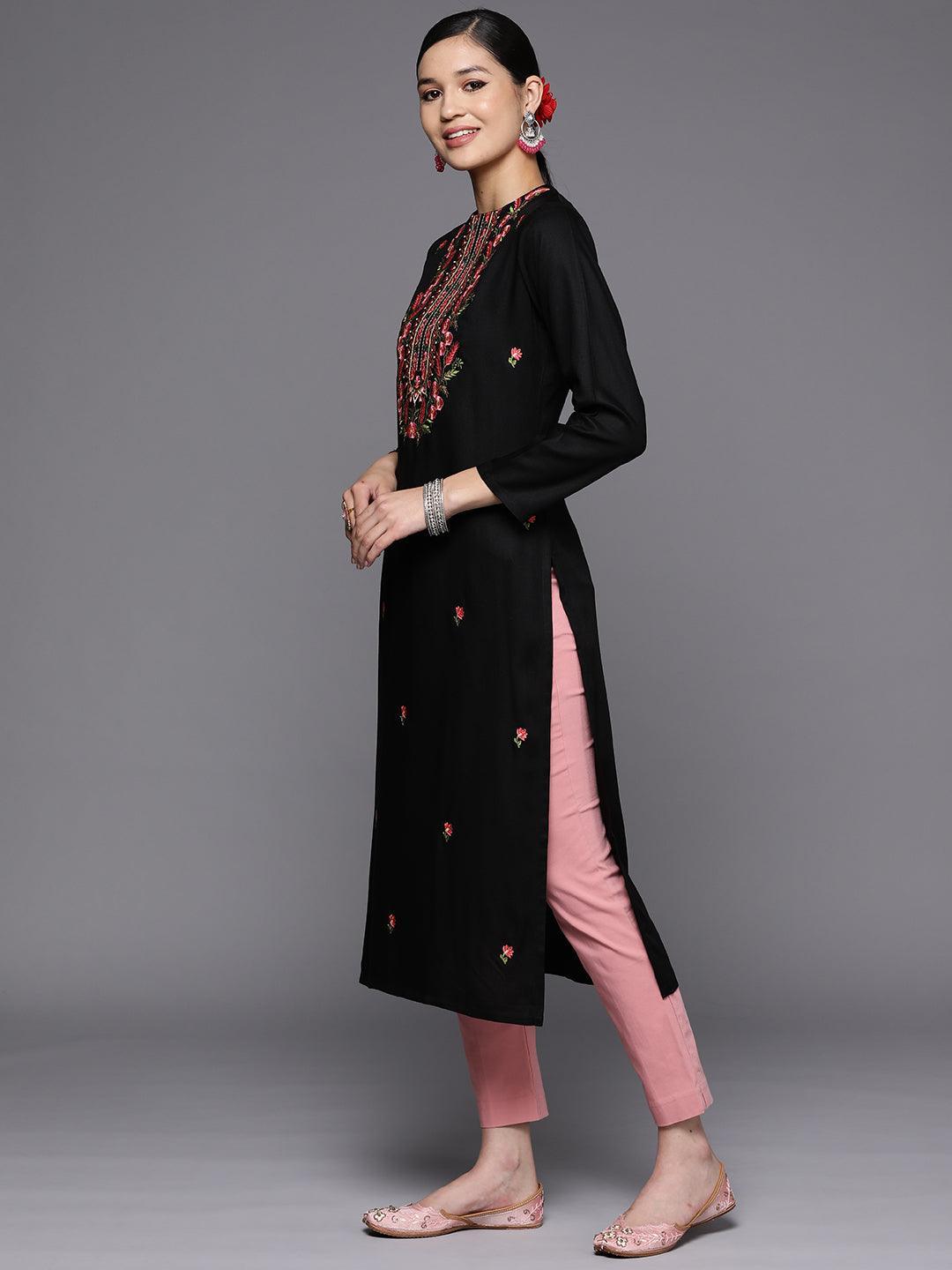 Black Embroidered Wool Straight Kurta