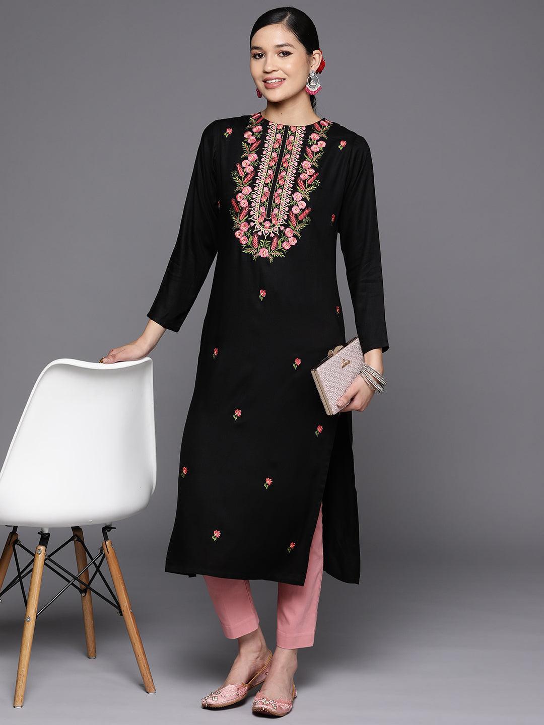 Black Embroidered Wool Straight Kurta