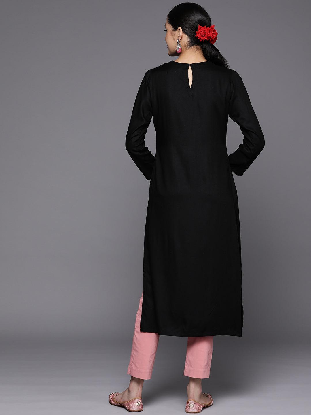 Black Embroidered Wool Straight Kurta