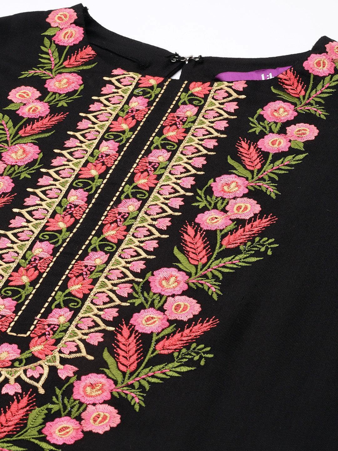 Black Embroidered Wool Straight Kurta