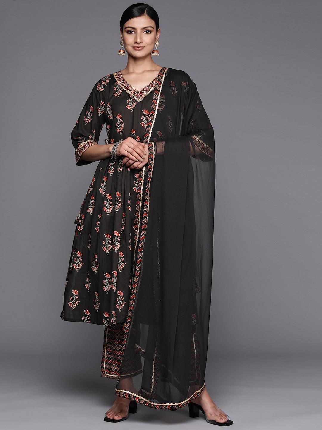 Black Printed Cotton A-Line Suit Set With Trousers - ShopLibas