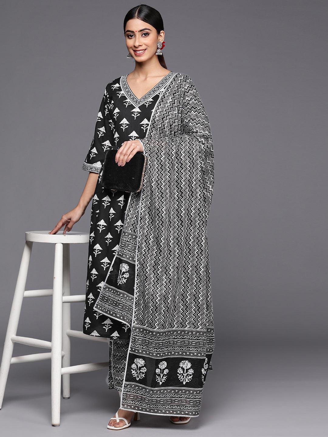 Black Printed Cotton A-Line Suit Set With Trousers - ShopLibas