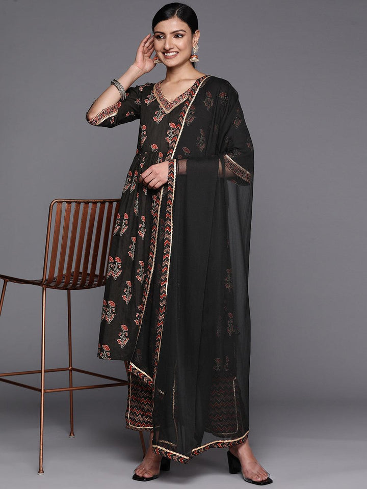 Black Printed Cotton A-Line Suit Set With Trousers - ShopLibas