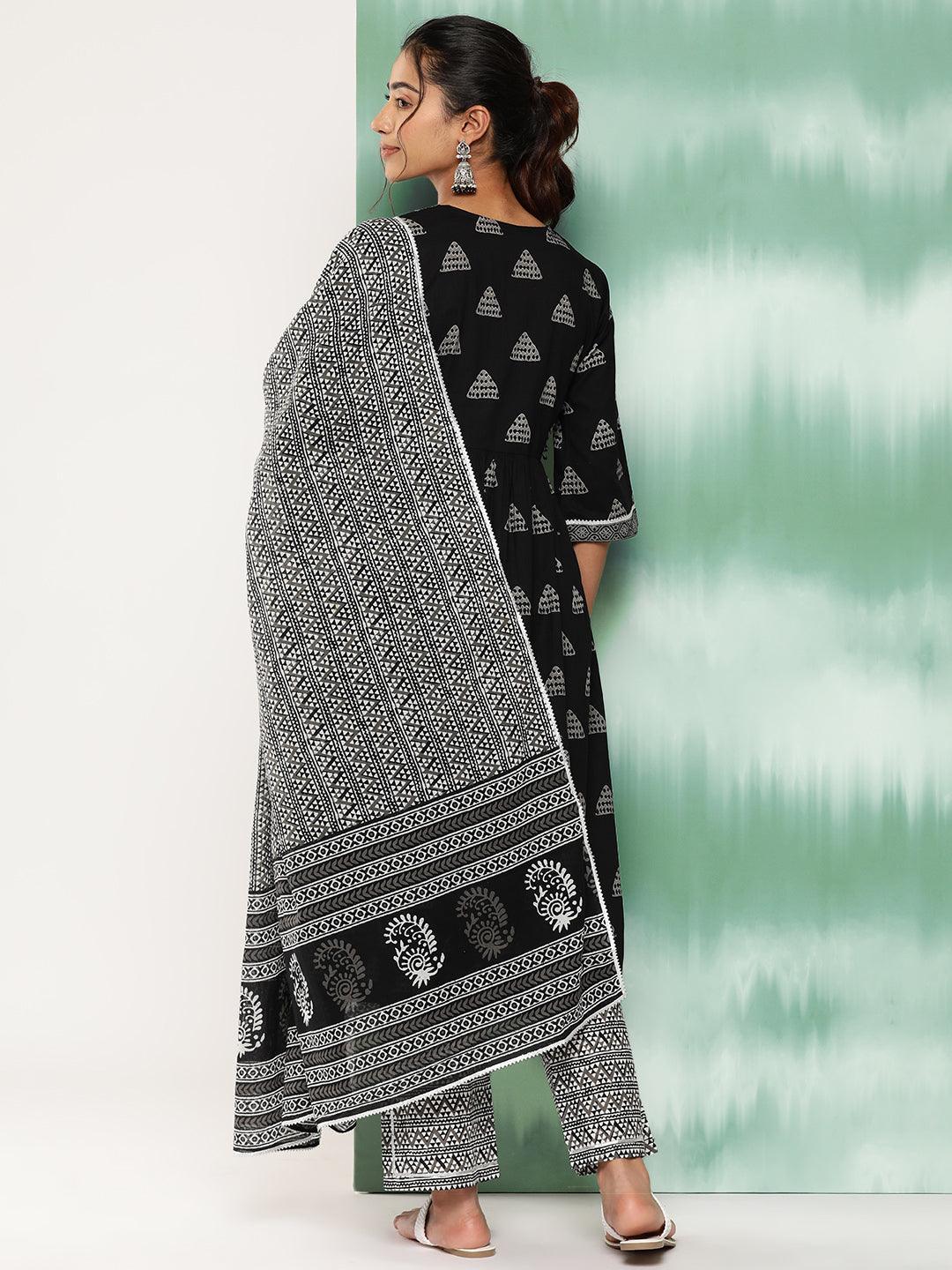 Black Printed Cotton A-Line Kurta With Trousers and Dupatta