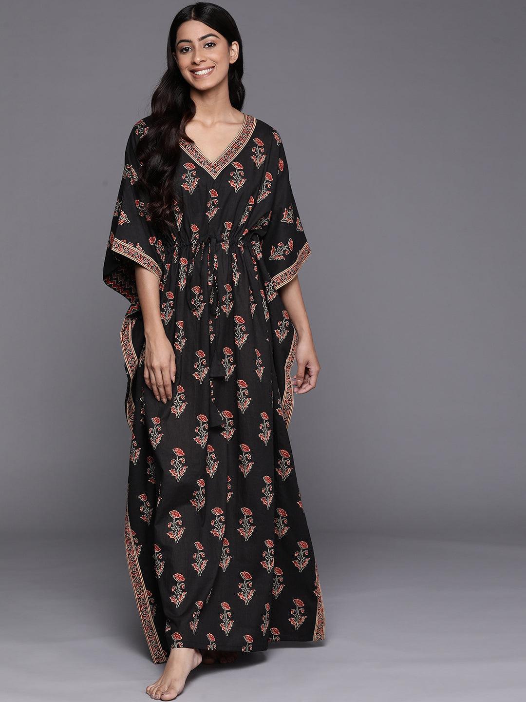 Black Printed Cotton Night Dress - ShopLibas