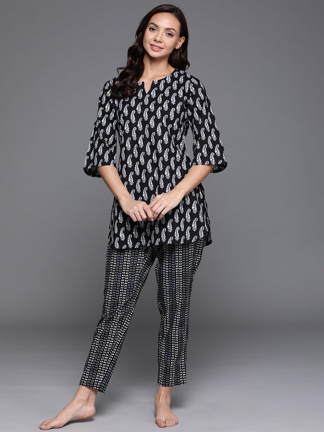 Black Printed Cotton Night Suit - ShopLibas