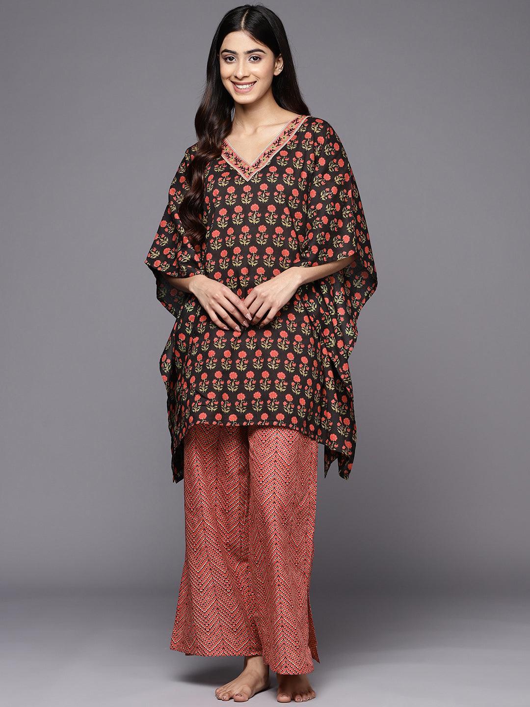 Black Printed Cotton Night Suit - ShopLibas