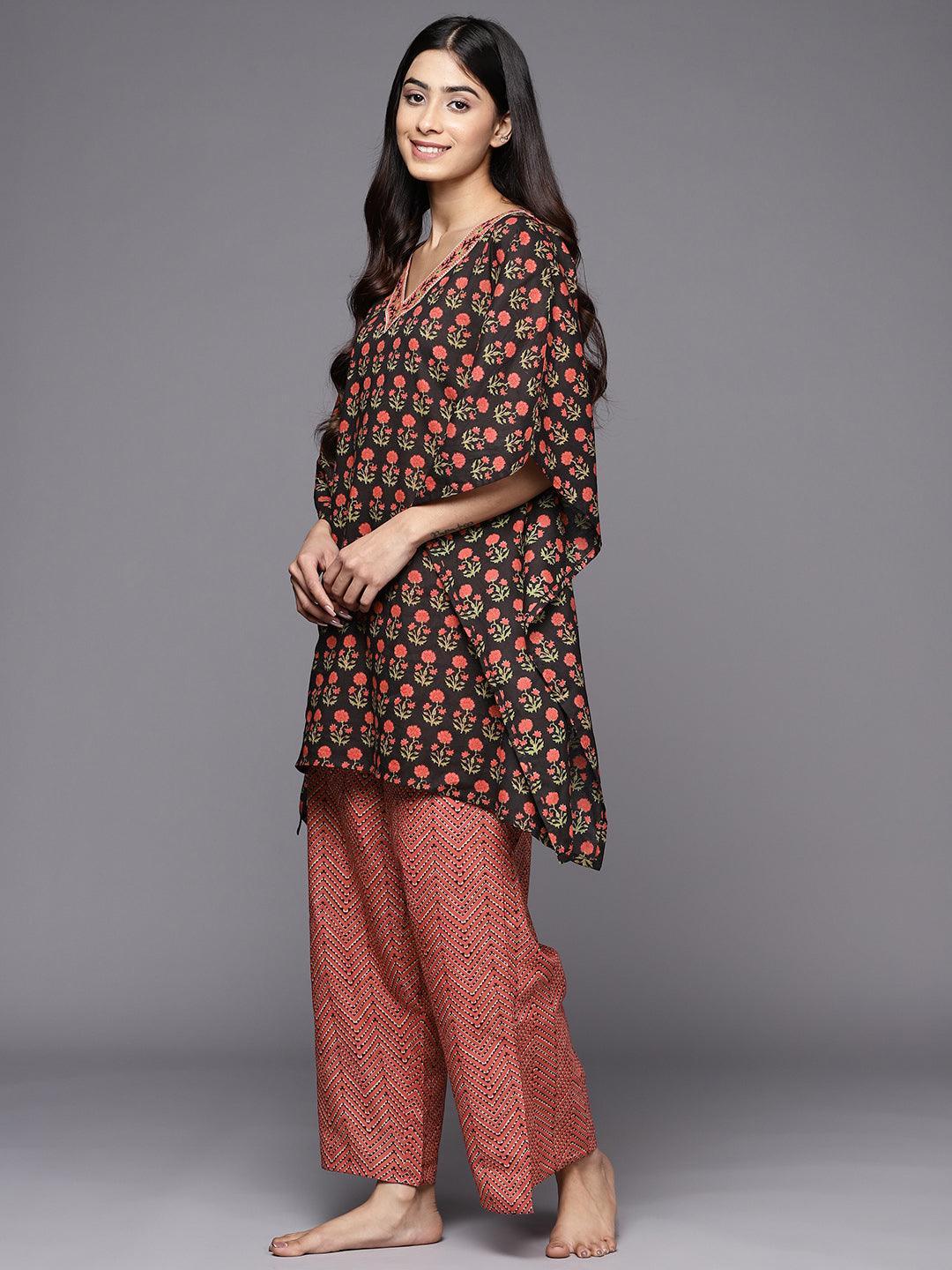 Black Printed Cotton Night Suit - ShopLibas