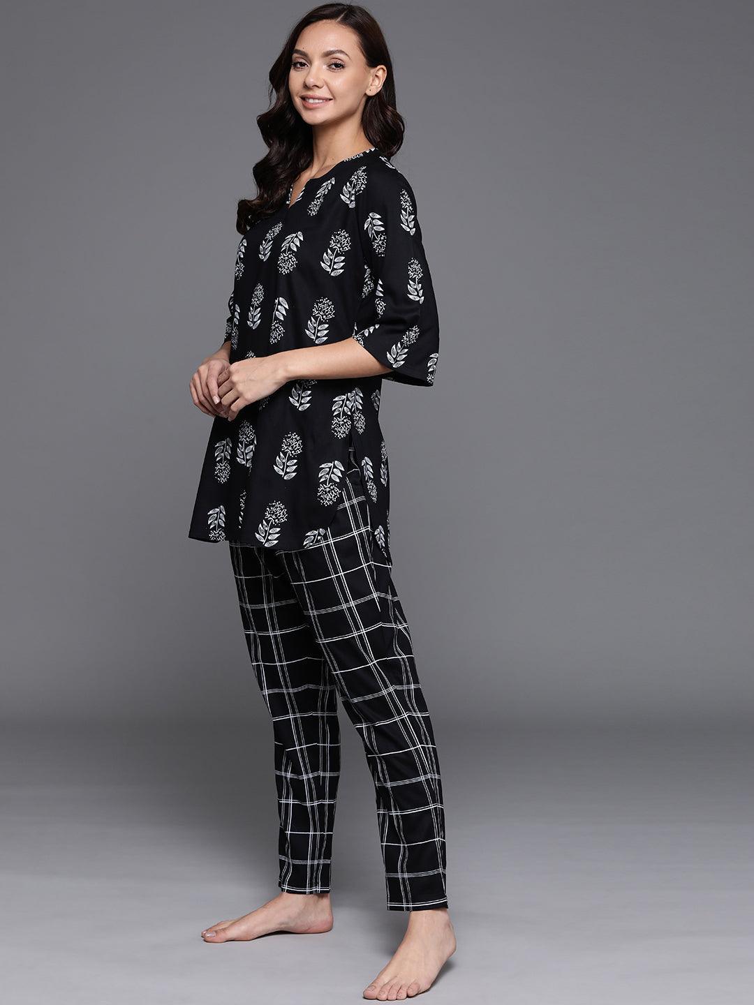 Black Printed Cotton Night Suit - ShopLibas