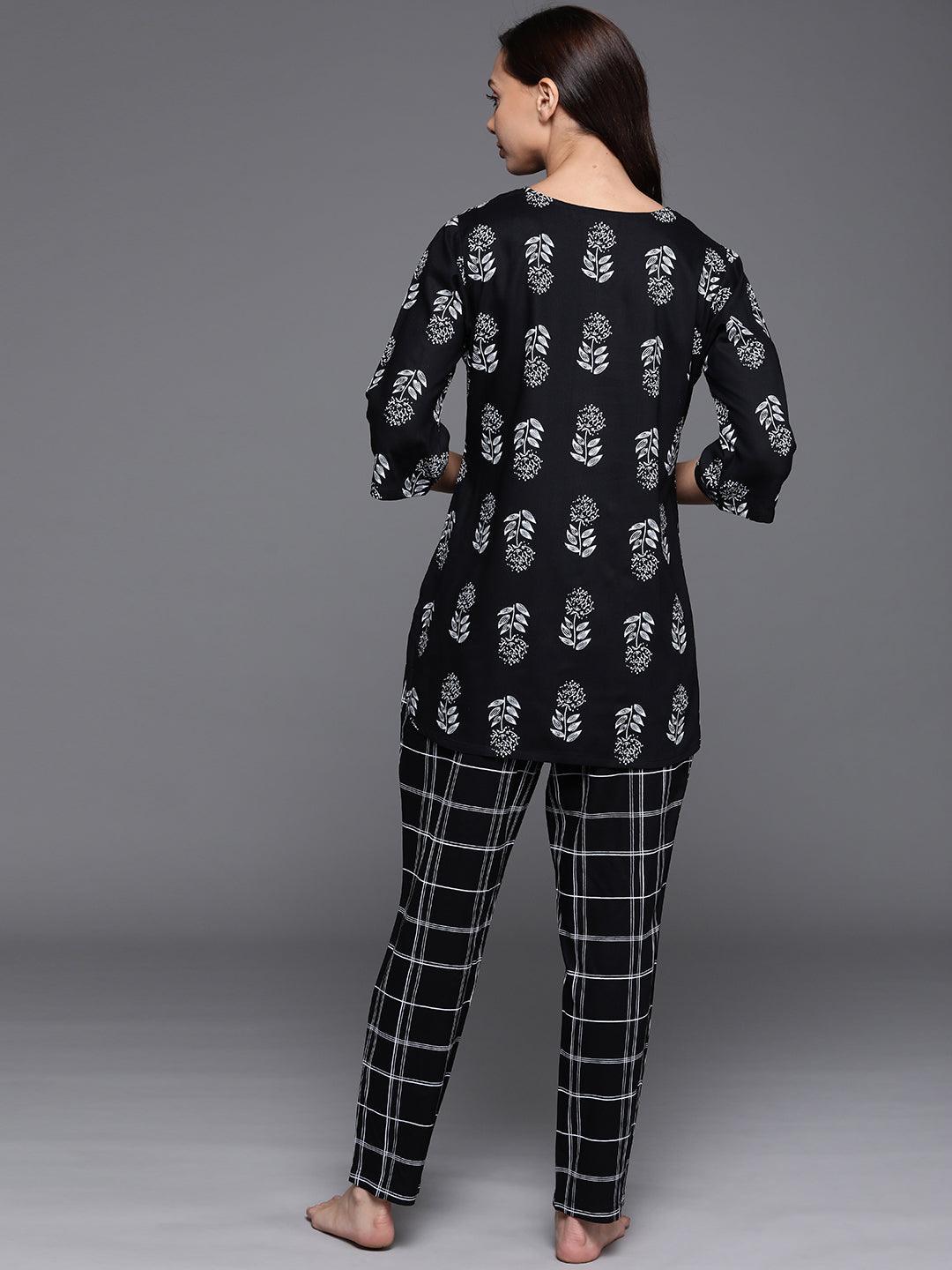 Black Printed Cotton Night Suit