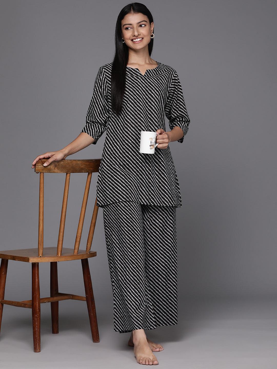 Black Printed Cotton Night Suit