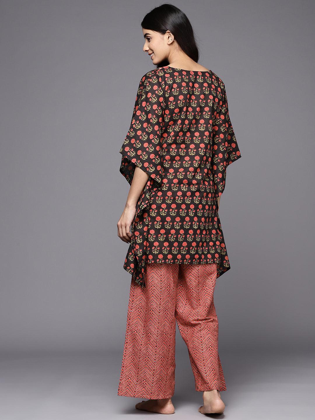 Black Printed Cotton Night Suit - ShopLibas