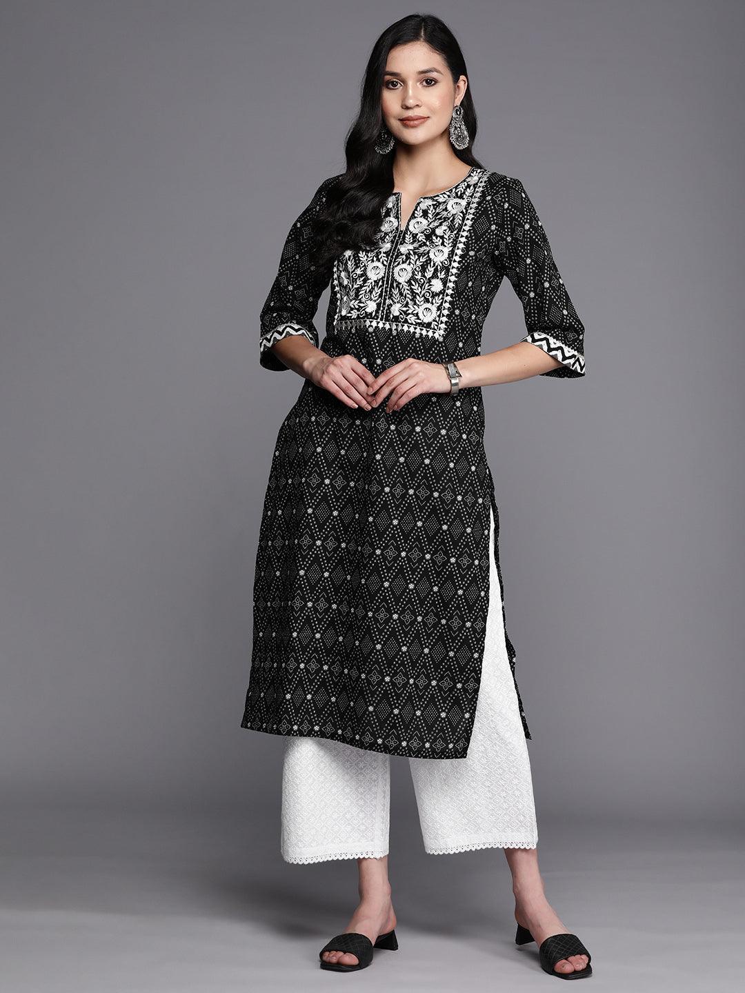 Black Printed Cotton Straight Kurta - ShopLibas