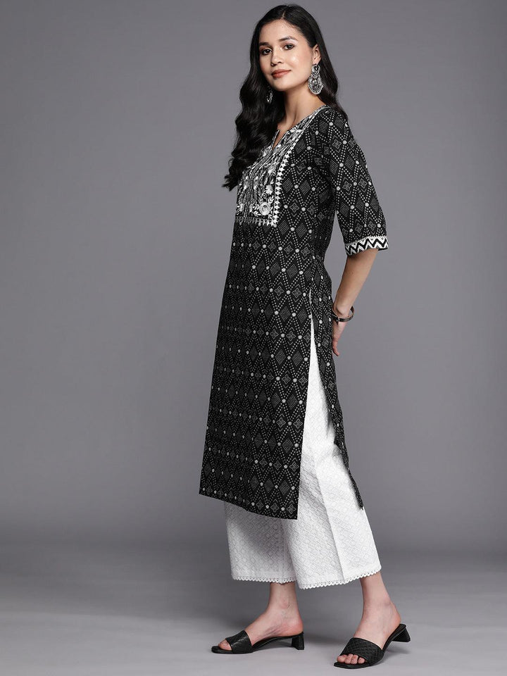 Black Printed Cotton Straight Kurta - ShopLibas