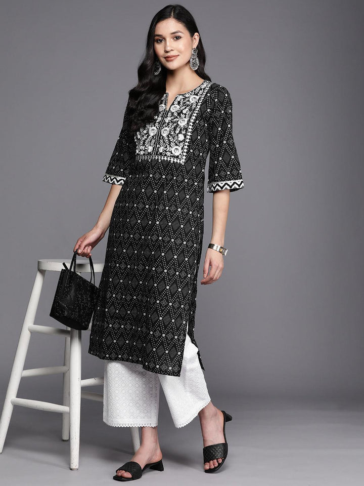 Black Printed Cotton Straight Kurta - ShopLibas