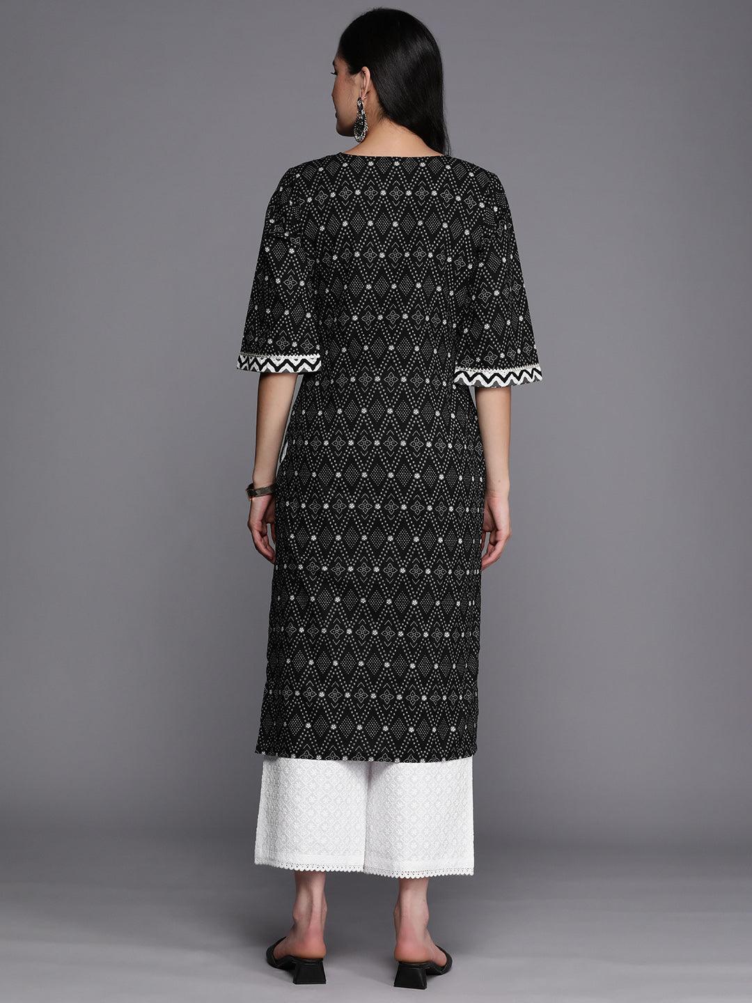 Black Printed Cotton Straight Kurta - ShopLibas