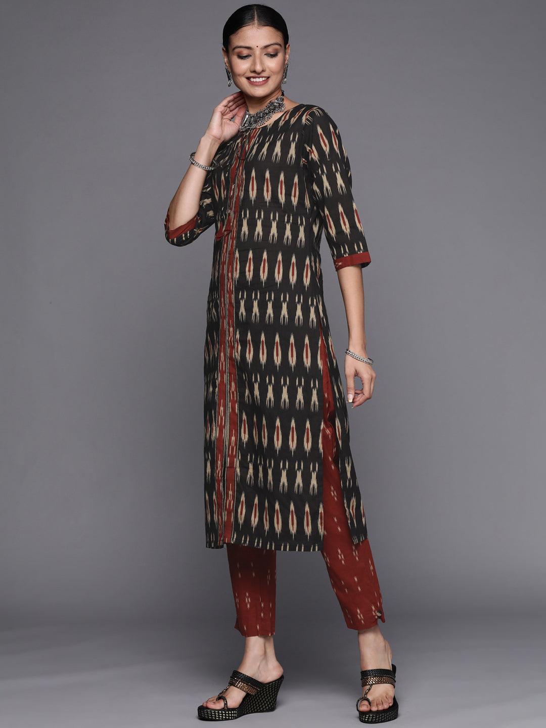 Black Printed Cotton Straight Suit Set - ShopLibas