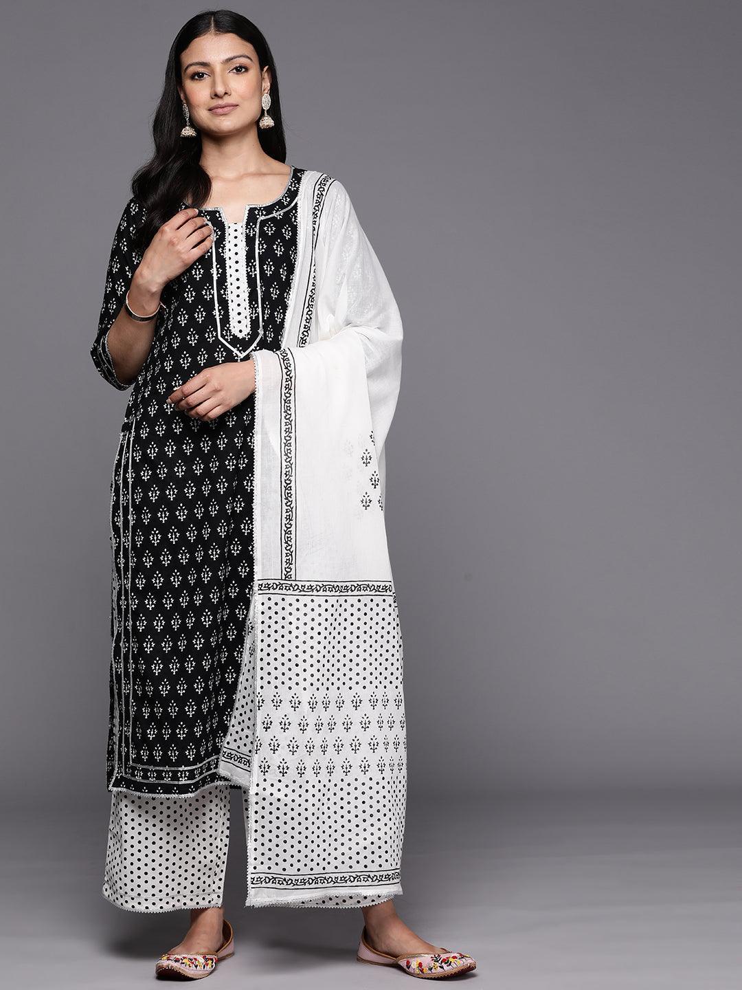 Black Printed Cotton Straight Suit Set With Palazzos