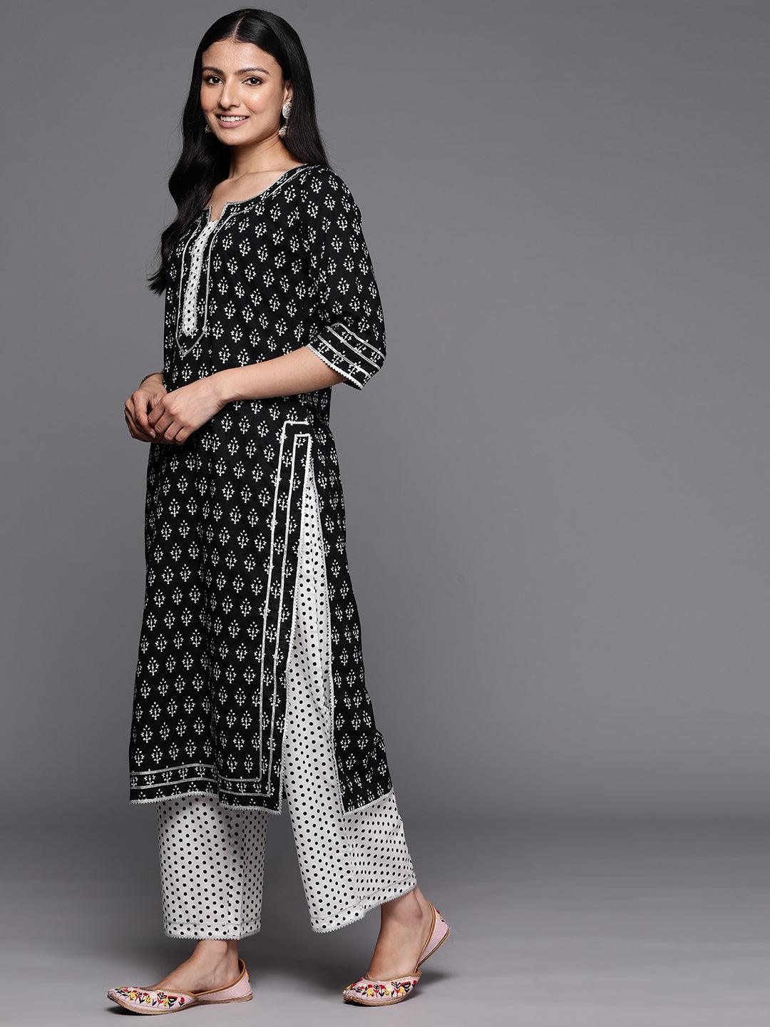 Black Printed Cotton Straight Suit Set With Palazzos